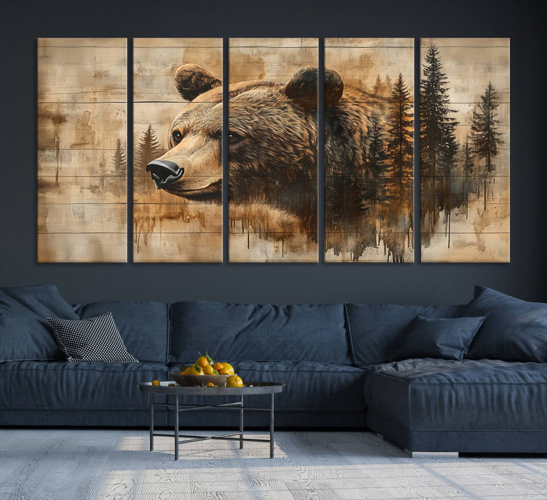 Abstract Rustic Grizzly Bear Wall Art Canvas Print - Woodland Wildlife Forest Print for Farmhouse Decor