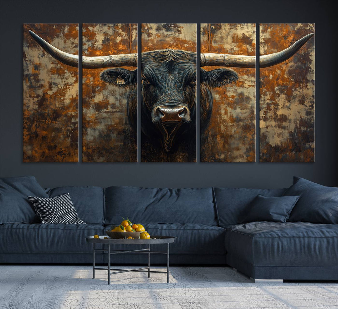 Abstract Longhorn Texas Bull Wall Art | Rustic Farmhouse Canvas Print | Ready to Hang Barn Decor for Farmhouse and Cabin Style