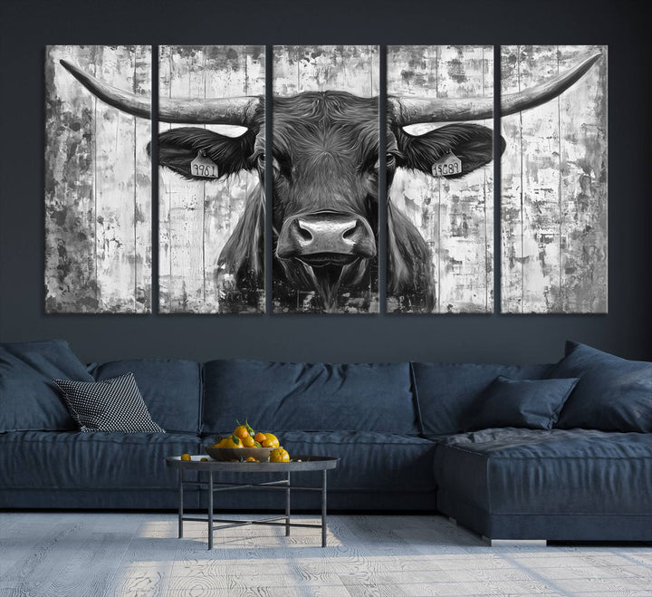 Abstract Longhorn Bull Wall Art Canvas Print - Rustic Texas Western Cow Artwork