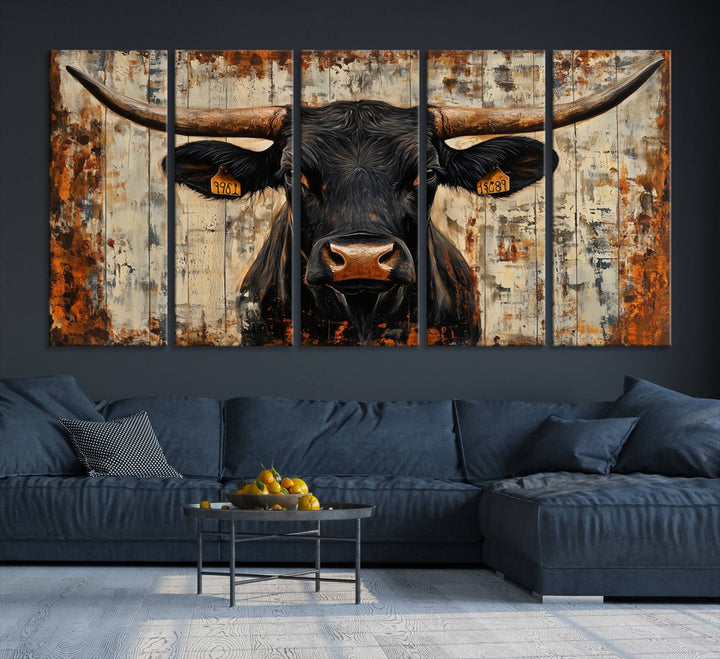 Abstract Cow Longhorn Bull Wall Art Canvas Print - Rustic Texas Western Cattle Artwork