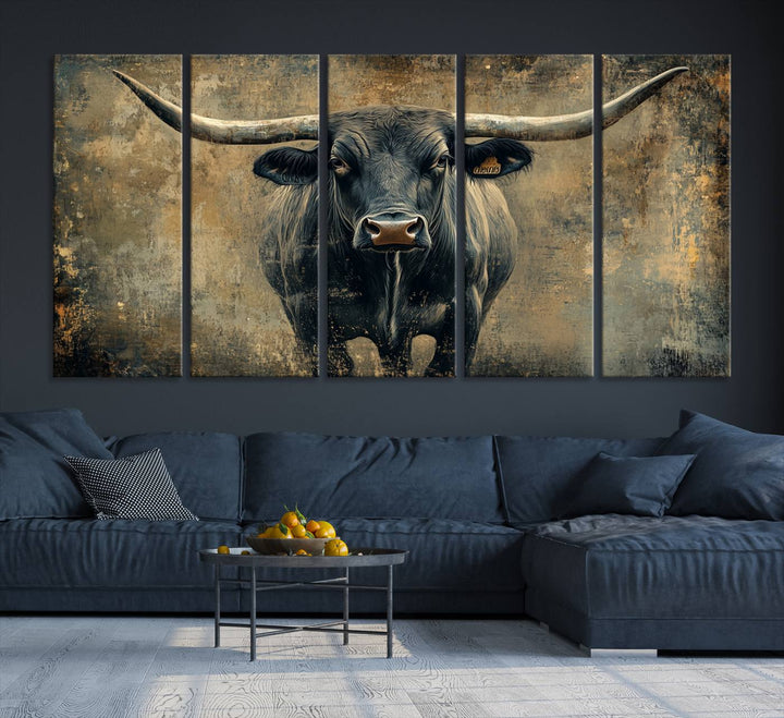 Abstract Cow Longhorn Bull Wall Art Canvas Print - Rustic Texas Western Cattle Artwork