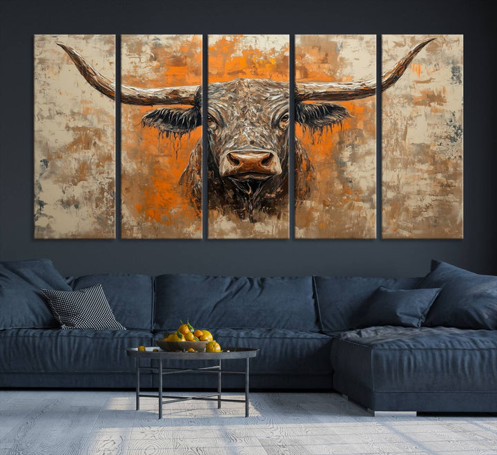 Abstract Cow Longhorn Bull Wall Art Canvas Print - Rustic Texas Western Cattle Artwork