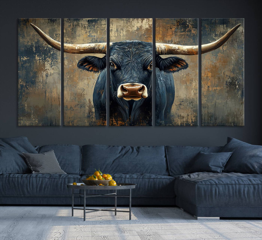 Abstract Cow Longhorn Bull Wall Art Canvas Print - Rustic Texas Western Cattle Artwork