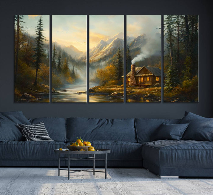 Wood Cabin Retreat Mountain at Sunset Wall Art Print - Serene Forest and River Landscape Wall Art Canvas Print