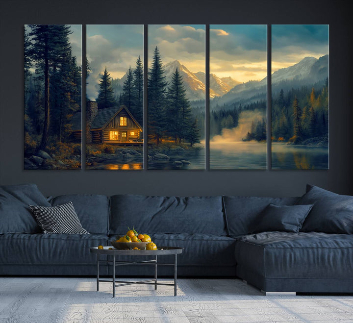 Mountain Cabin by the Lake at Sunset Wall Art - Serene Nature Canvas Print for Living Room Decor, Rustic Lodge Ambiance, 3-Panel Large Wall Art