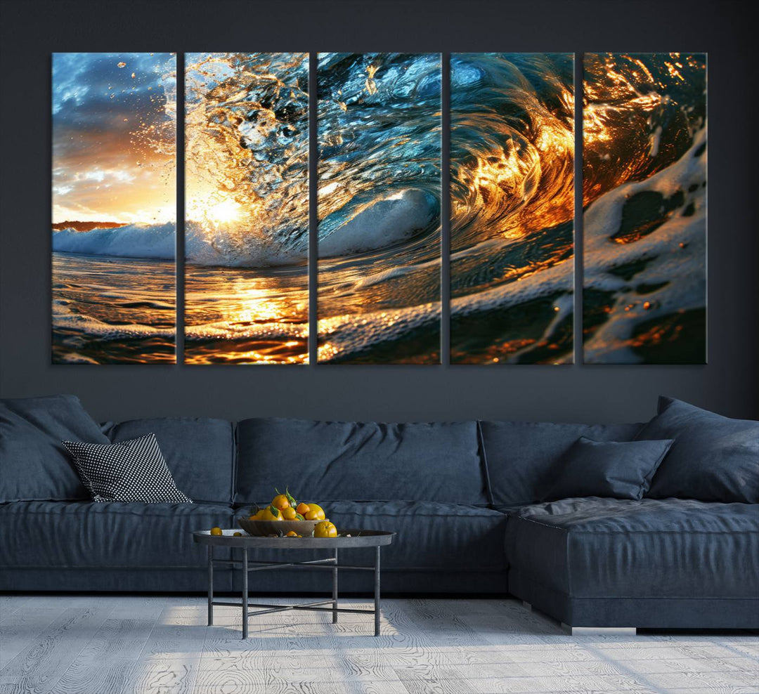 Ocean Wave at Sunset Wall Art | Ready to Hang Triptych Canvas Print | Coastal Wall Art for Living Room | Nautical and Beach House Decor