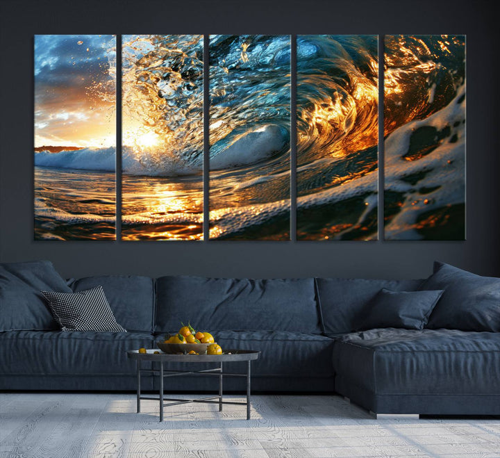 Ocean Wave at Sunset Wall Art | Ready to Hang Triptych Canvas Print | Coastal Wall Art for Living Room | Nautical and Beach House Decor