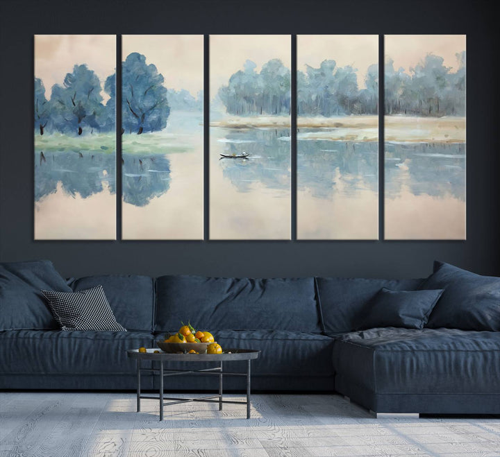 Landscape Printing Lake and Boat Scene | Serene Landscape Wall Art for Nature Lovers | Ready to Hang Triptych Canvas Print | Peaceful Blue Trees and Water Reflection Decor