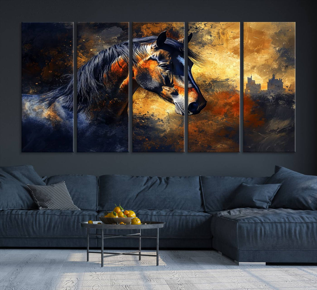 Abstract Horse Art Print on canvas, featuring a colorful background, perfect for rustic farmhouse or equestrian decor.