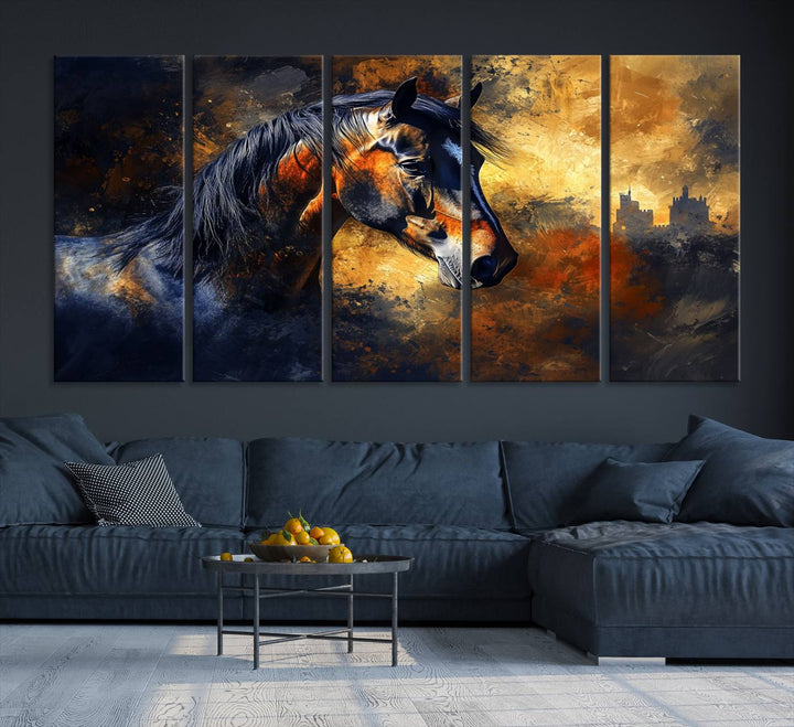 Abstract Horse Art Print on canvas, featuring a colorful background, perfect for rustic farmhouse or equestrian decor.