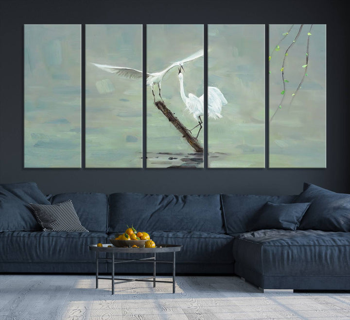 Elegant White Herons on Calm Waters | Coastal Wall Art for Nature-Inspired Decor | Serene Triptych Canvas Print | Ready to Hang Bird-Themed Art for Home Decor