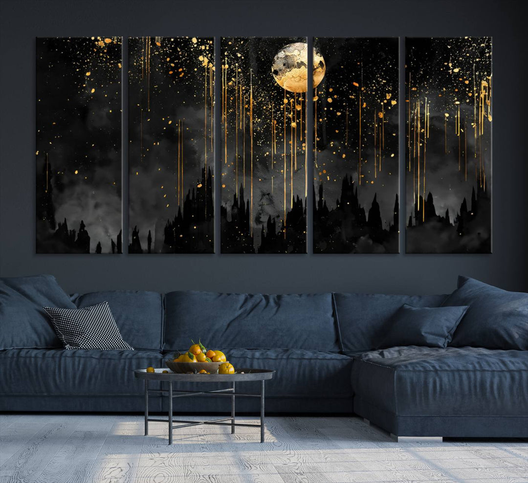 Gold Moon and Black Skyline Abstract Wall Art | Dark Modern Canvas Print with Dripping Gold Accents | Triptych Contemporary Homes