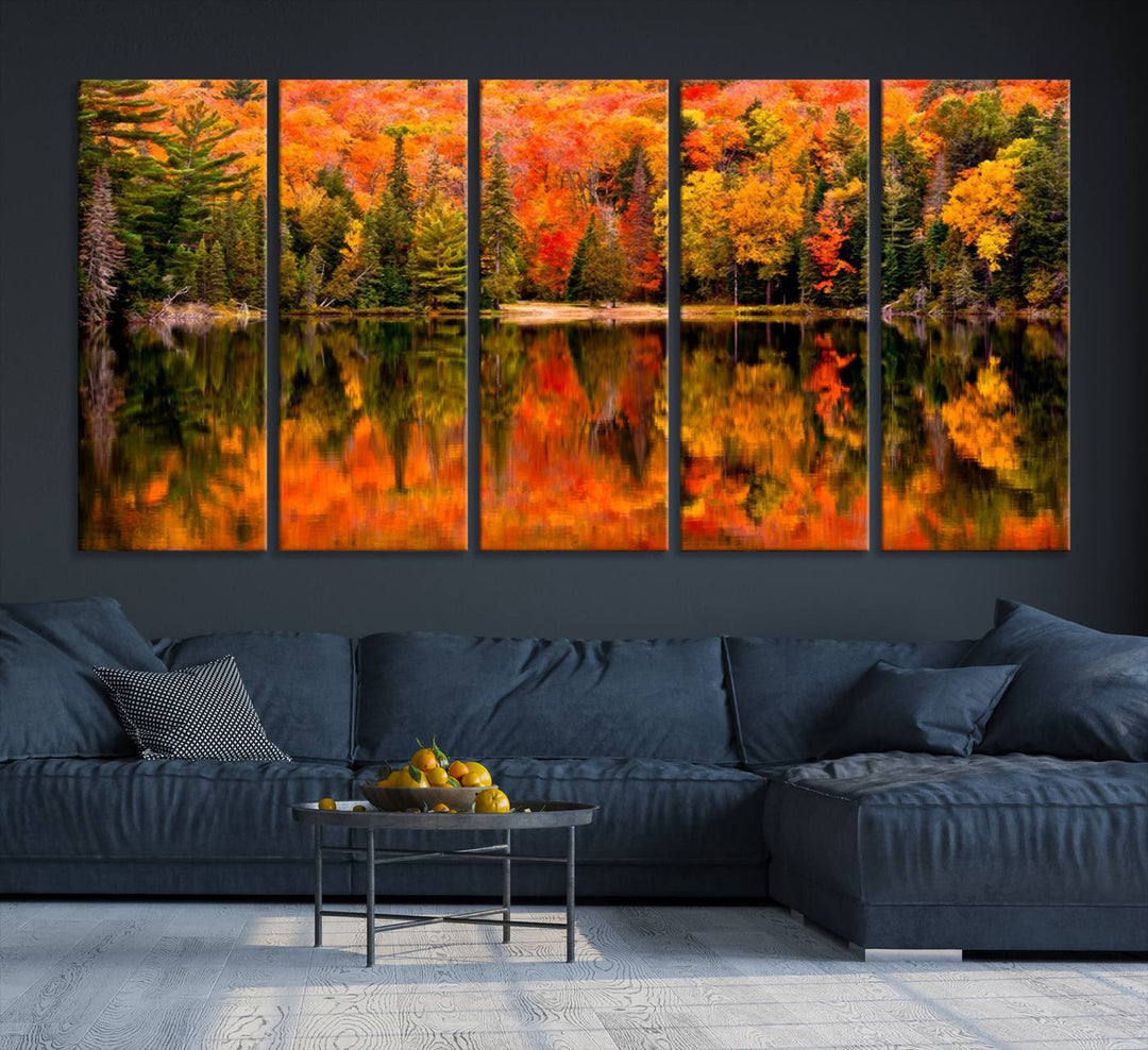 Autumn Forest Reflection Wall Art | Triptych Canvas Print | Vibrant Fall Foliage Wall Decor | Nature-Inspired Cabin Wall Art for Living Room