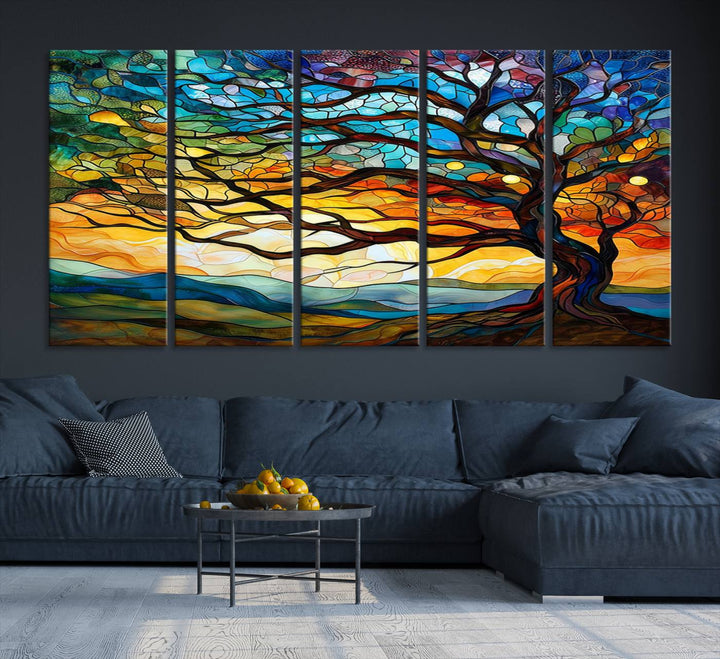 Vibrant Mosaic Tree of Life Wall Art | Stained Glass Style Canvas Print | Ready to Hang Artistic Decor