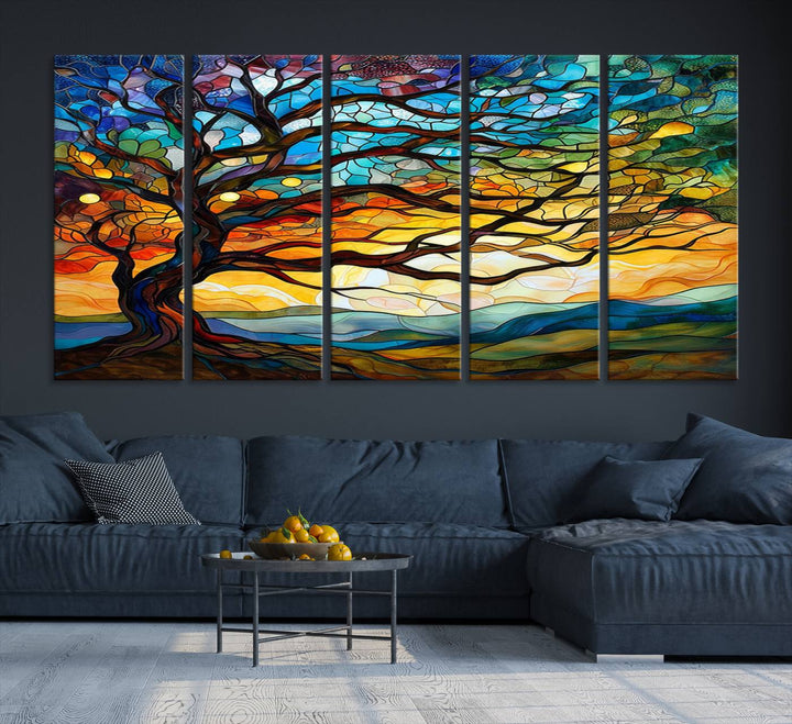 Mosaic Tree Wall Art | Ready to Hang Stained Glass Style Canvas Print | Farmhouse Wall Decor, Cabin Wall Art, and Unique Nature Home Decor