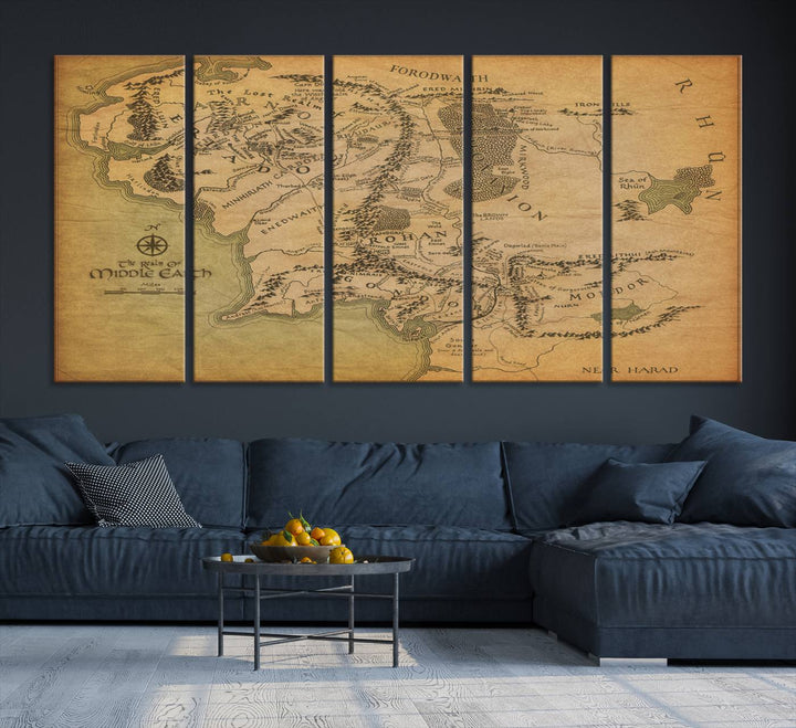Vintage J.R.R. Tolkien Middle-Earth Map 3 Panel Canvas, perfect as wall art for home or office decor.