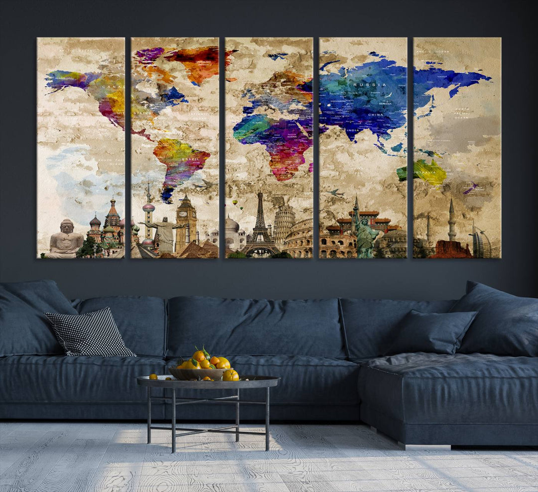 Framed World Map Canvas Print with Landmarks | Multi-Panel Wall Art | Ready to Hang Decor for Living Room, Office | Global Travel Wall Art | Vibrant Landmark Design