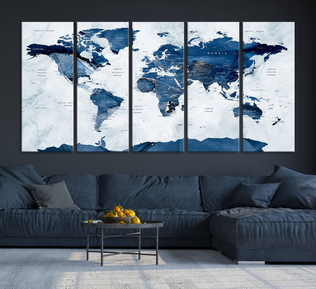 Navy Blue World Map with Antarctica Canvas: A perfect abstract home decor piece featuring a grunge-stained background.