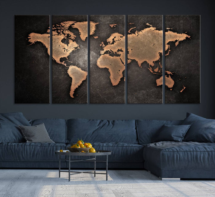 Maroon World Map Wall Art: Copper continents on a grunge-stained canvas, ideal for enhancing your decor.