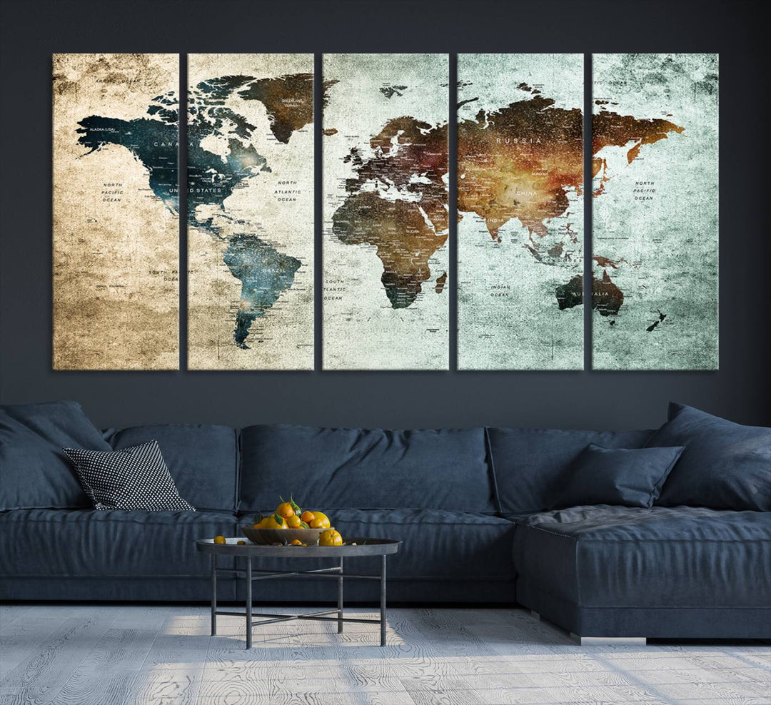 The Push Pin World Map Canvas Print serves as an ideal piece of wall art for travel lovers, showcasing vibrant colors and intricate details.