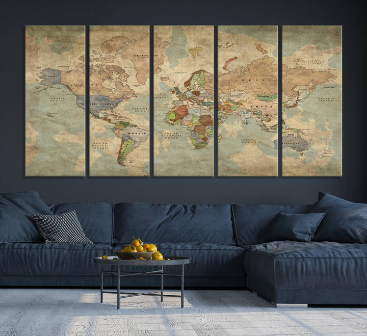 Vintage World Map Canvas Wall Art – Antique Triptych Map Print – Rustic Global Decor for Living Room or Office – Ready to Hang