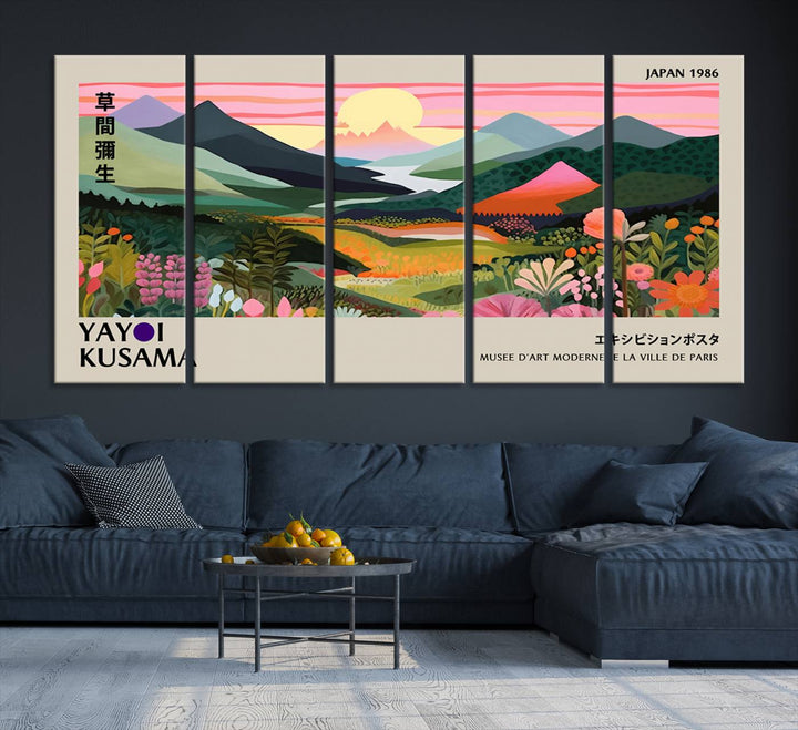 Vibrant abstract landscape canvas with mountains and fields, titled Yayoi Kusama 1986 Wall Art Print.