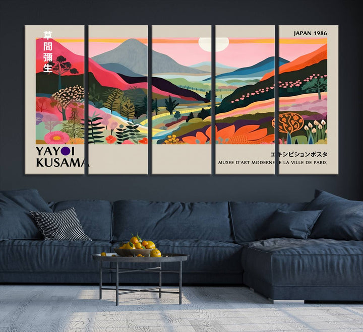 Vibrant abstract landscape canvas inspired by Yayoi Kusama, featuring mountains, trees, and flowers in a triptych style.