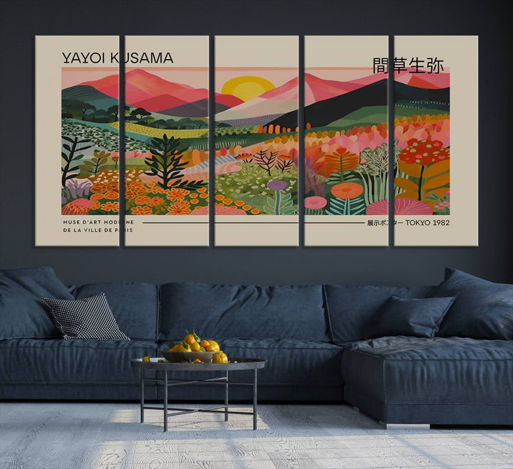 A vibrant abstract triptych features mountains, a sun, and plants in Yayoi Kusamas style with Japanese and French text included.