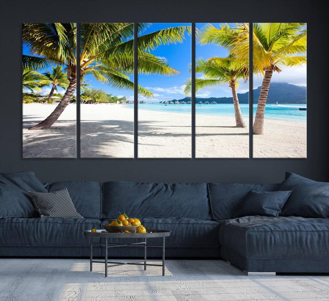 Blue Beach and Sea Wall Art Canvas Print: showcases a tropical scene with palm trees, white sand, and turquoise water.