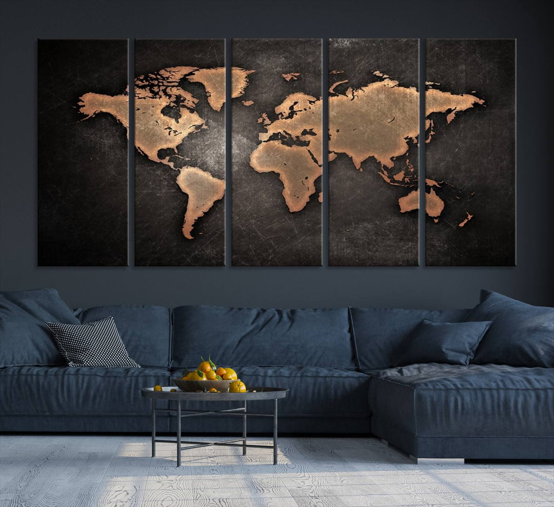 The Modern World Map on a metallic black canvas creates a striking effect.