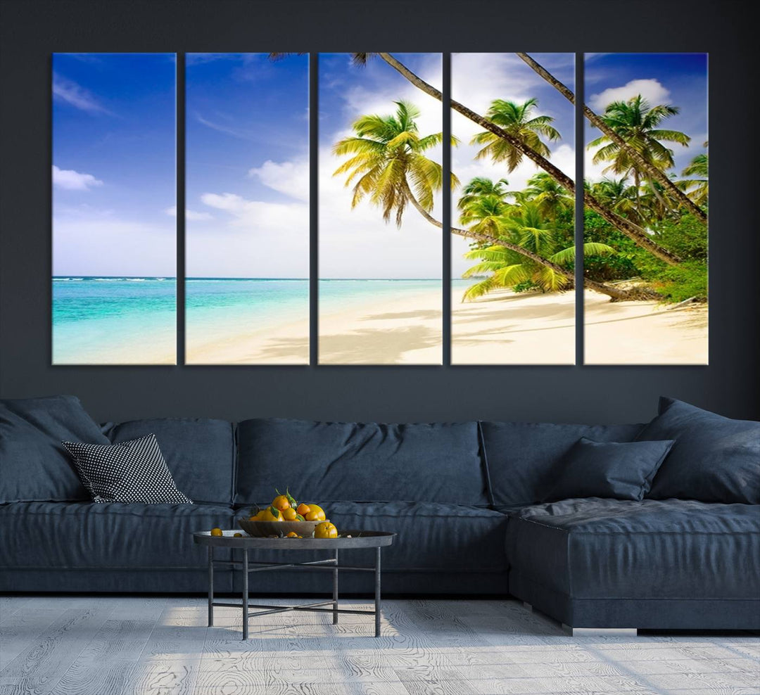 Tropical Beach Canvas: Palm Trees & White Sand Shore Decor, Vibrant Coastal Print, Ready to Hang.