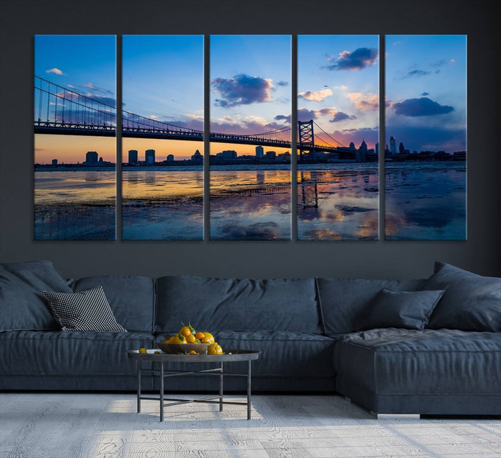 A photograph titled "Large Wall Art Philadelphia Canvas Print - Benjamin Franklin Bridge at Sunset" displays a breathtaking cityscape of the bridge reflected in the water. This image features a gallery-quality finish that promises to transform any space into an evocative memory.