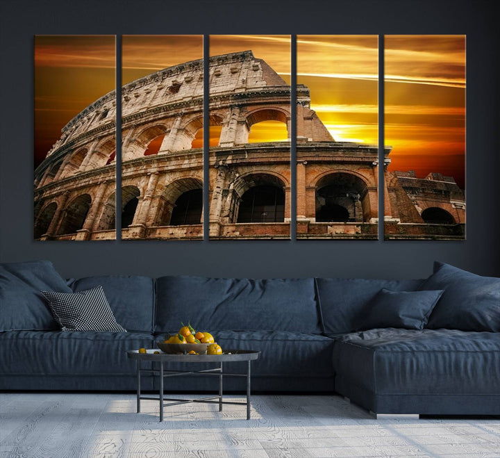 On the wall, theres a piece of art titled Colosseum with Yellow Sunset Behind, Italy.