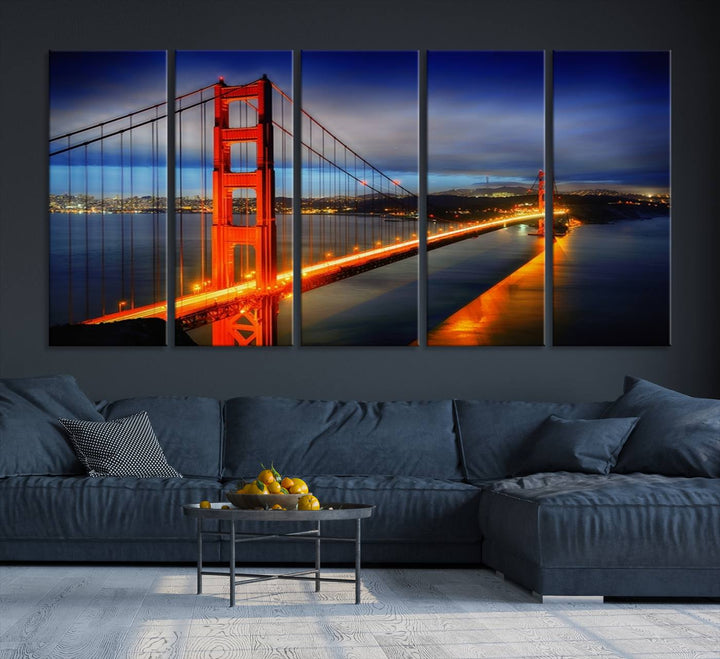 The living room features a large San Francisco canvas art piece—a stunning triptych of the Golden Gate Bridge at twilight, known as the "Large Wall Art San Francisco Canvas Print - Wonderful Golden Gate Bridge at Twilight.