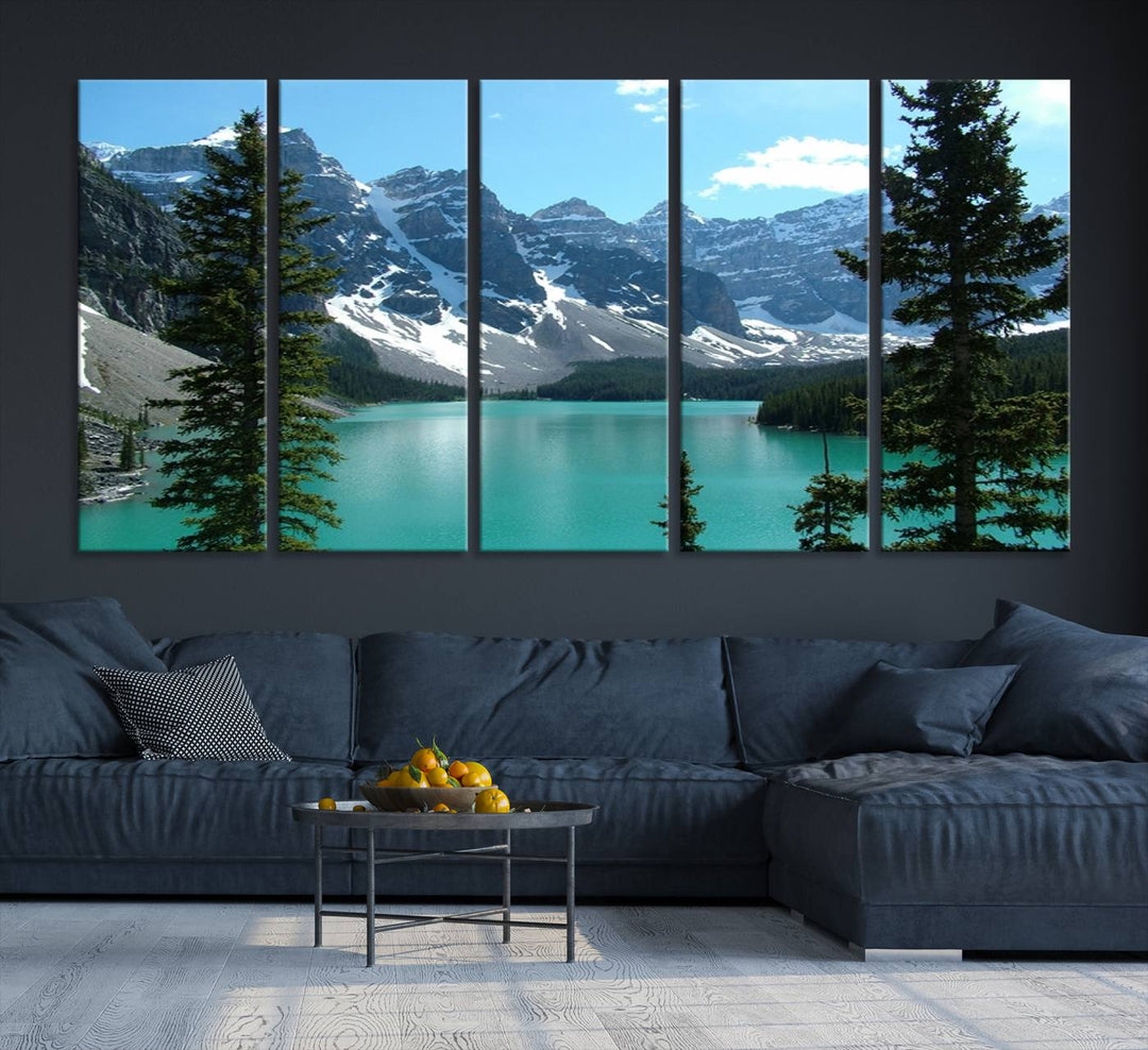 Canadian Rockies Moraine Lake Landscape Canvas Print showcasing a turquoise lake and mountain view.