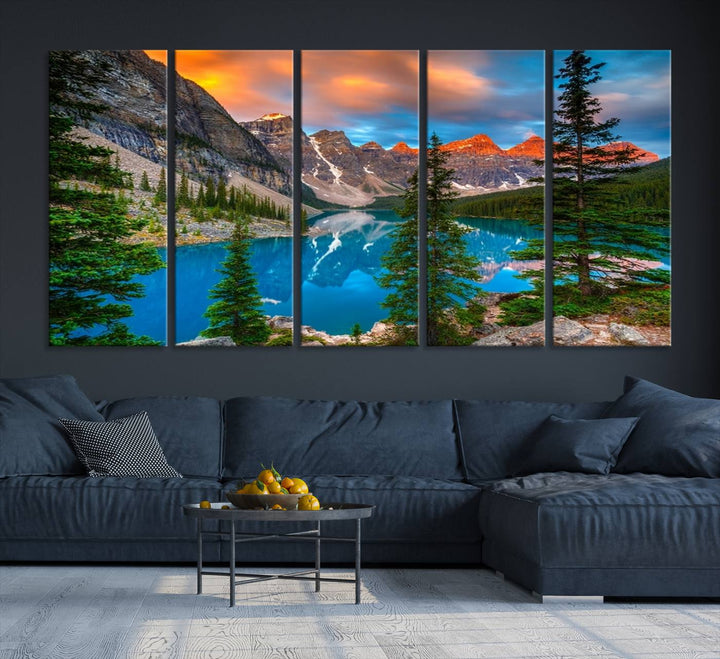 A kitchen featuring a Canadian Rockies Moraine Lake Wall Art Canvas Print displayed on the wall.