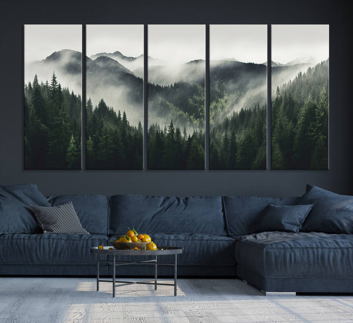 The Misty Forest Canvas Print Wall Art captures a serene misty forest scene with fog and mountains.