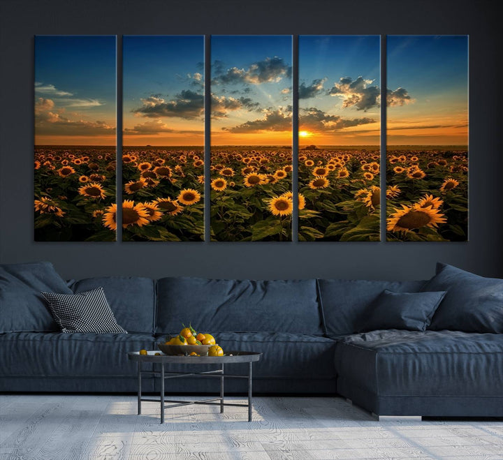 The dining area features the Sunflower Field Sunset Wall Art Canvas Print.