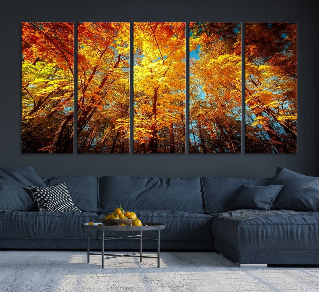 Forest View at Fall Wall Art hangs prominently, showcasing its beauty.