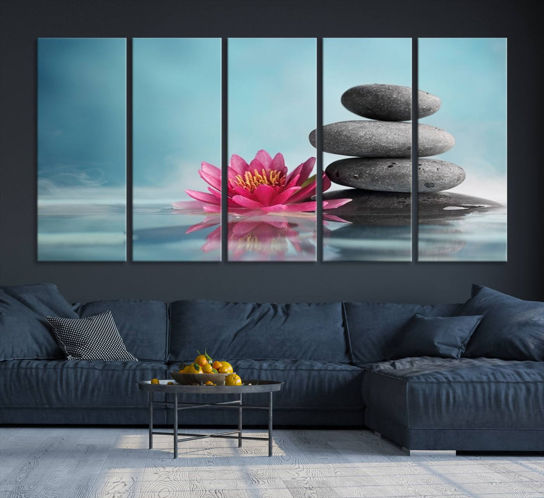 The dining room features a Zen Serenity Triptych wall art, showcasing a calming depiction of lotus flowers and balancing stones.