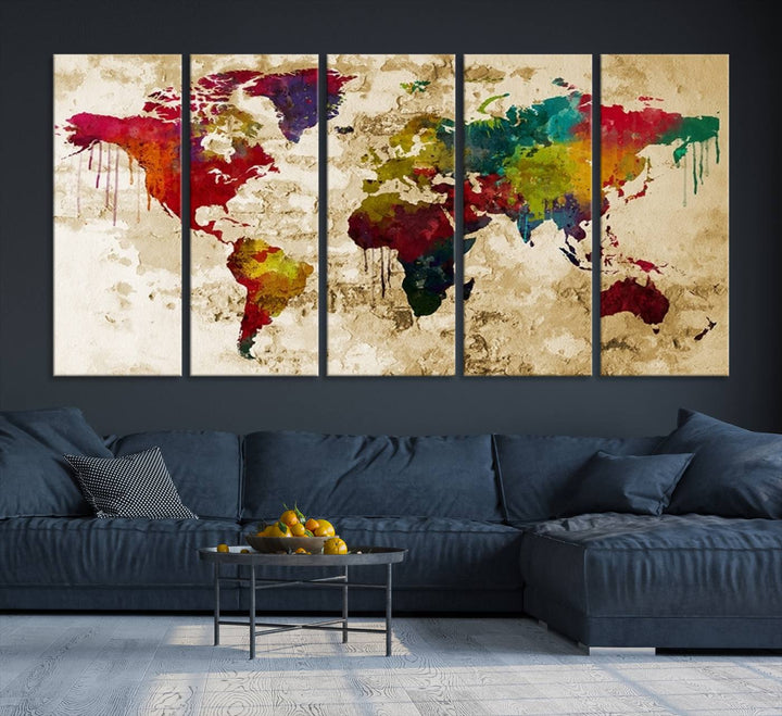 Wall Art World Map Canvas Print Rainbow Colored Vintage Style World Map