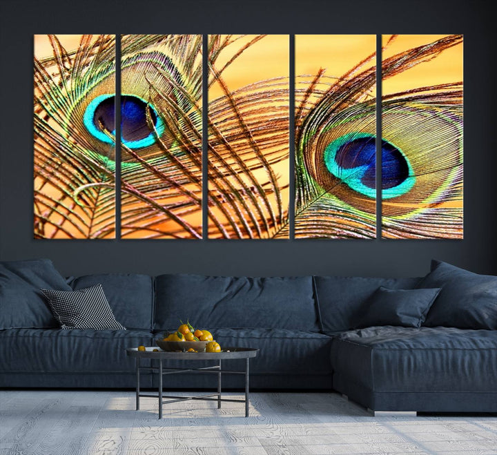 The room features vibrant peacock feather wall art.