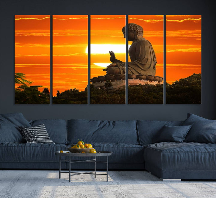 The Buddha Statue at Sunset canvas print adds serenity to the space.