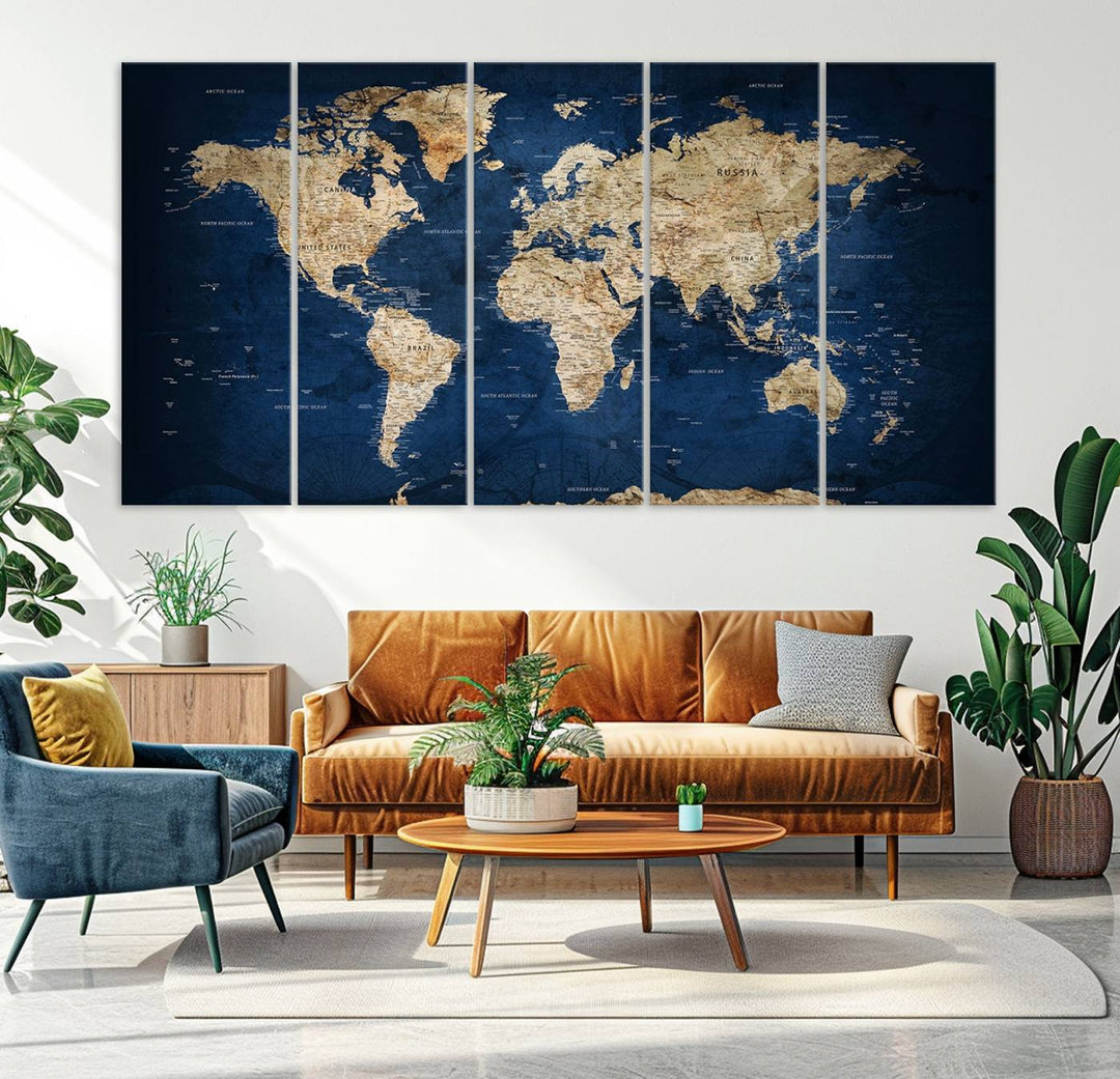 Classic Vintage Blue World Map Canvas Print featuring beige continents against a deep blue background.