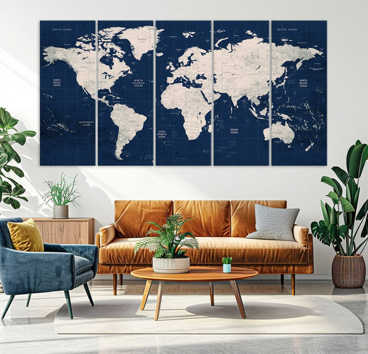 Large modern world map wall art canvas print in beige and navy; showcases a 3-panel vintage map design and is ready to hang.