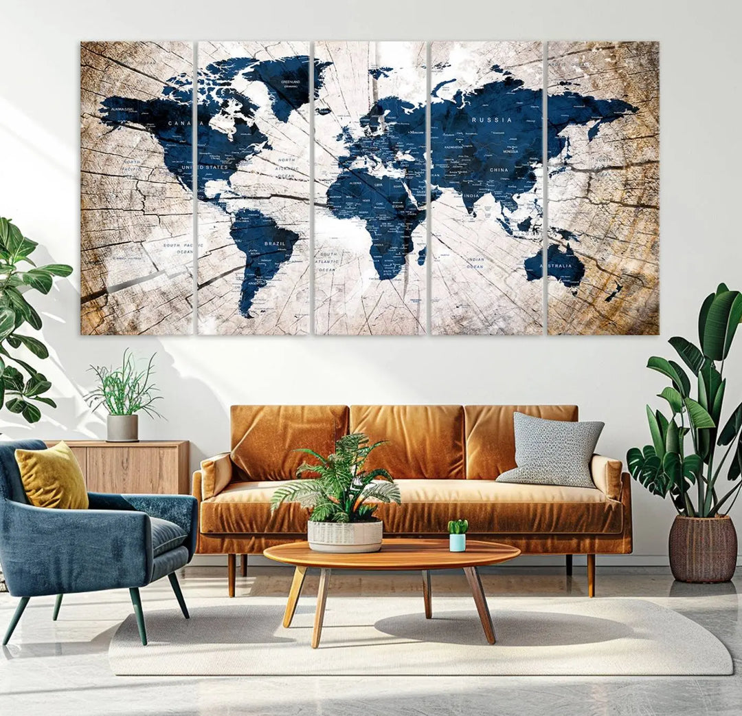 The living room exudes style with the Blue World Map Canvas Wall Art, a rustic-style triptych that's prominently displayed on the wall. This global decor piece adds an elegant touch to the space.