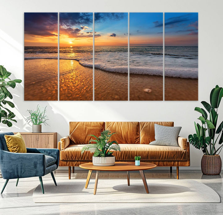 The Golden Sunset Beach Waves Triptych adds a modern coastal touch with its stunning seascape.