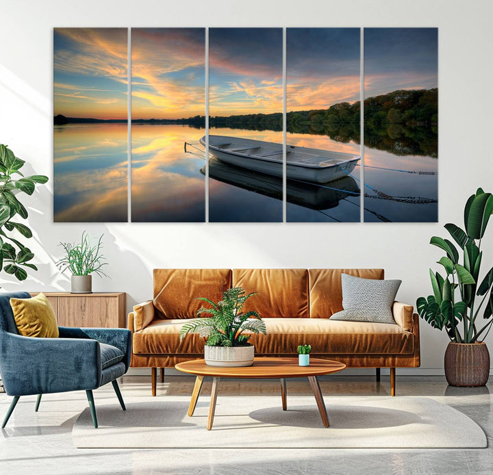 Serene Rowboat on Calm Lake Triptych Canvas Art, Giclee Wall Art of Peaceful Sunset Reflections, Tranquil Landscape Wall Art for Home or Office