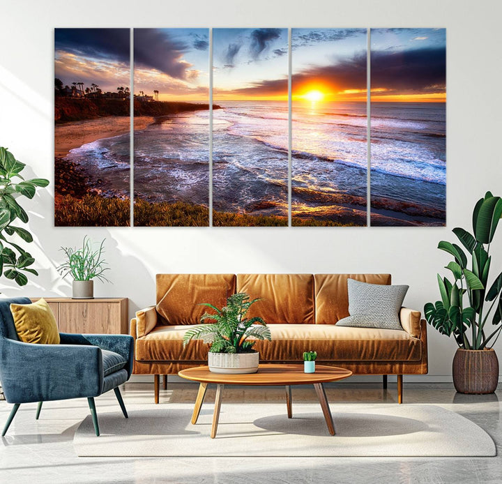 California Coastline Sunset Canvas Art, Ocean Waves Crashing on Cliffs, Giclee Canvas Print for Beach House Decor