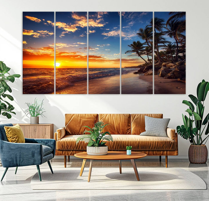 Tropical Beach Sunset Canvas Art, Palm Trees and Ocean Waves Wall Art, Giclee Print for Coastal Home Decor